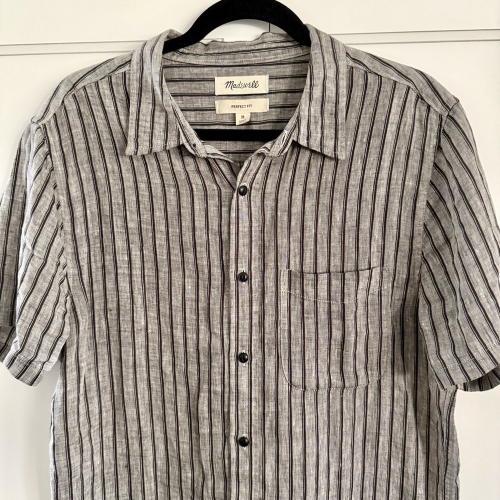Madewell Perfect Fit Mens M Gray 100% Linen Striped Button Up Short Sleeve Shirt - Picture 3 of 11